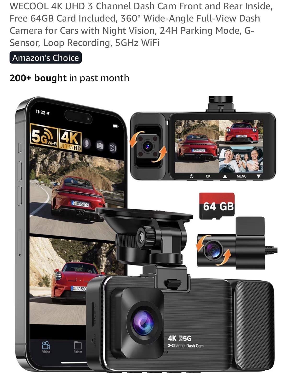 4K+1080p+1080p 3 Channel Dash Cam 5G Wifi Model K02Pro – Black