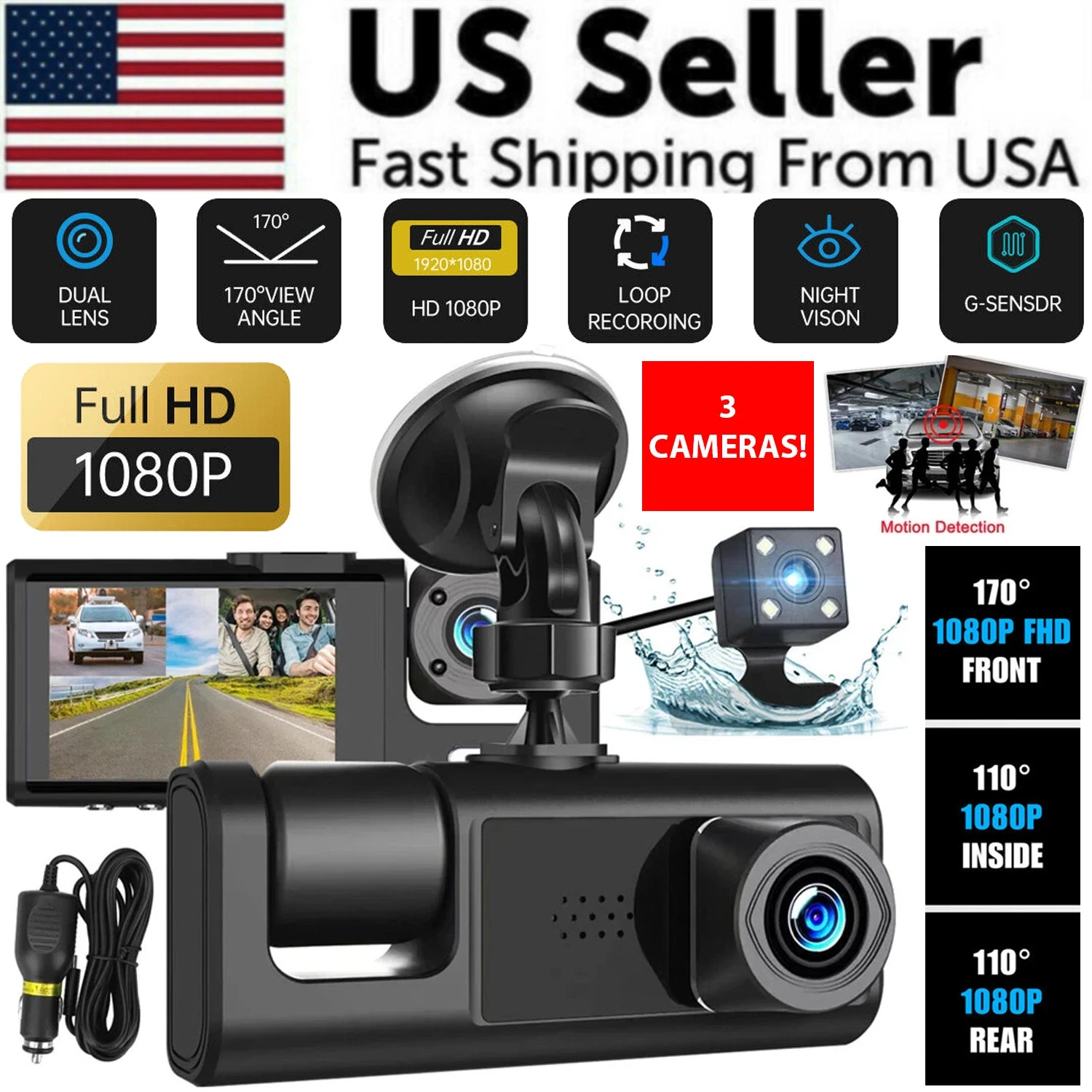 Car DVR Dash Camera 1080P Front Rear Inside Camera G-Sensor Loop Recording HD