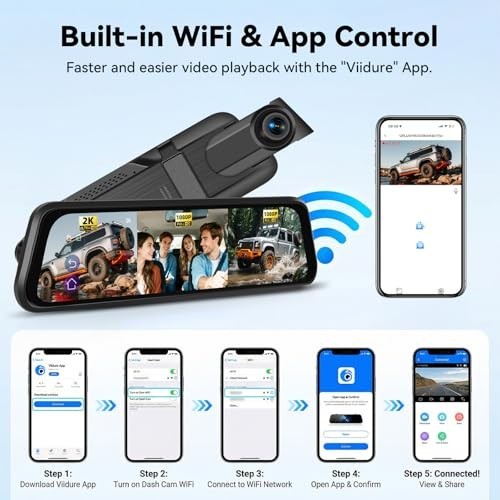 3-Channel Mirror Dash Cam 2K + 1080P Inside & Rear Cameras, 9.66″ Touch Screen,