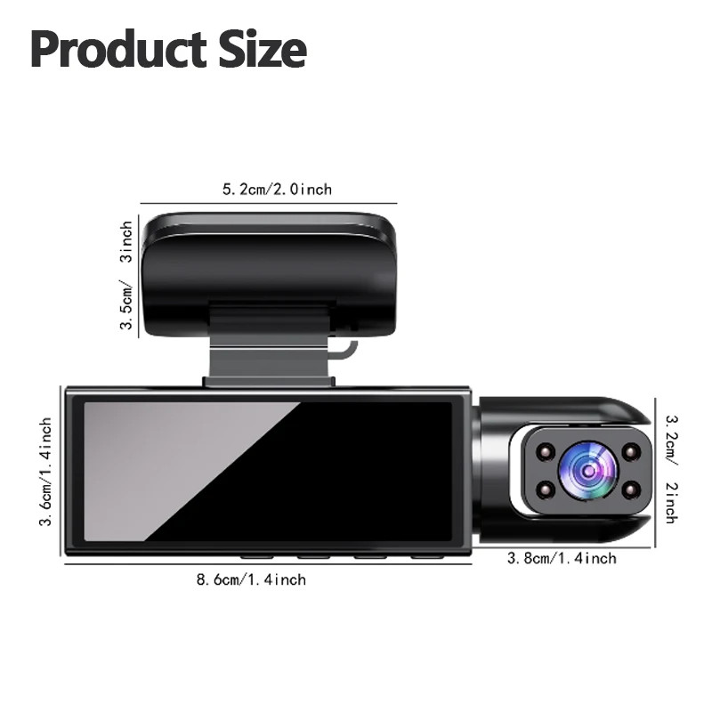 1080P Dual Camera Dash Cam – 3.16 Inch IPS Screen, IR Night Vision – No Card