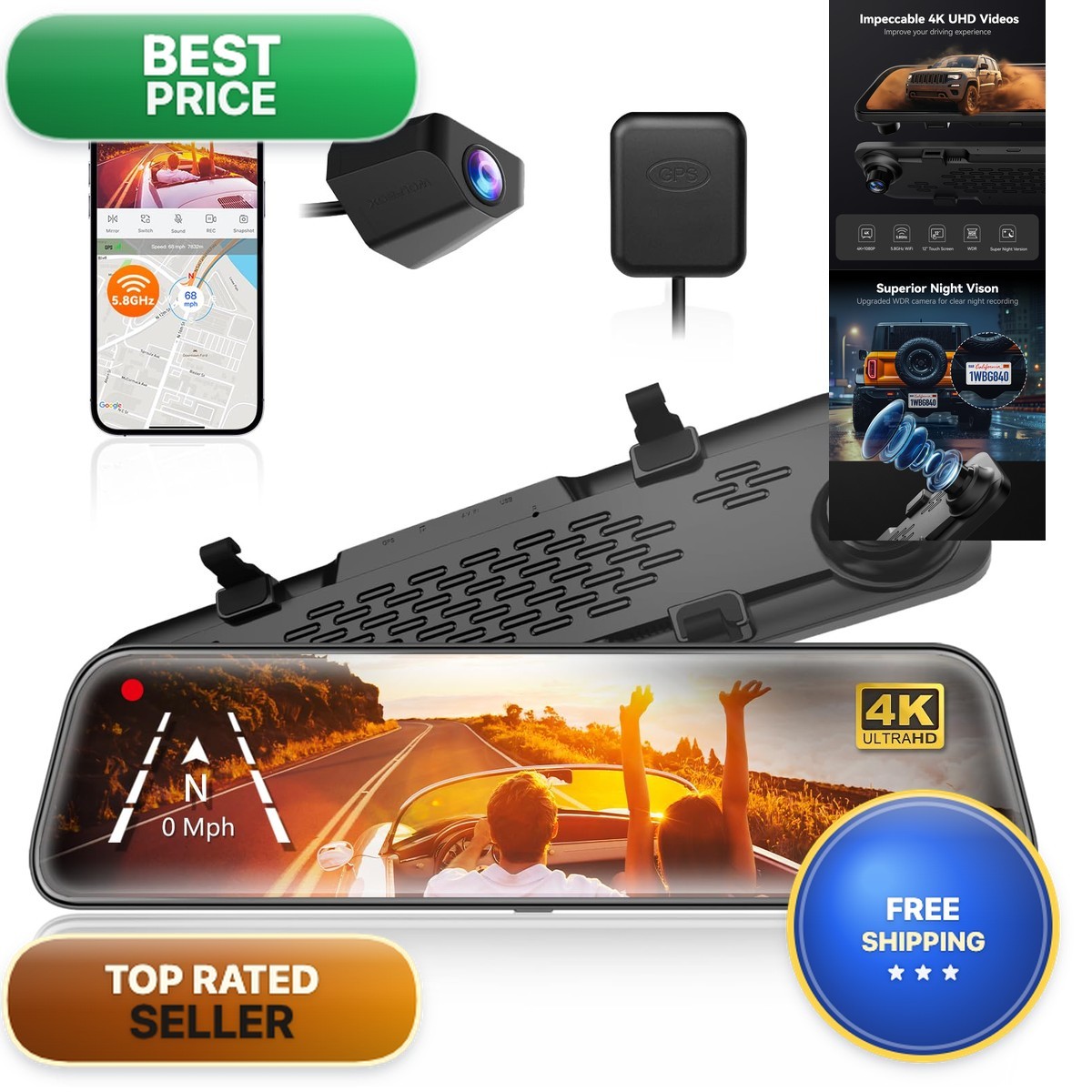 WOLFBOX G840S 12″ 4K Mirror Dash Cam Backup Camera 32GB Card GPS