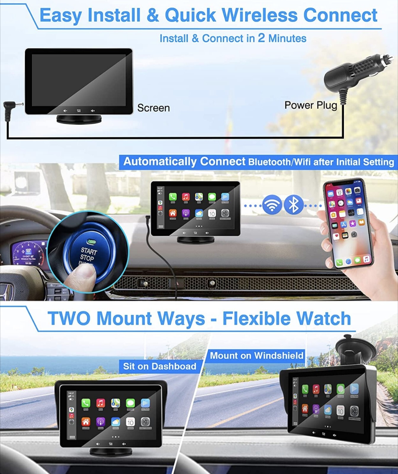 Urvolax Dash Mounted Smart 7 Inch Display Touchscreen Carplay AndroidAuto