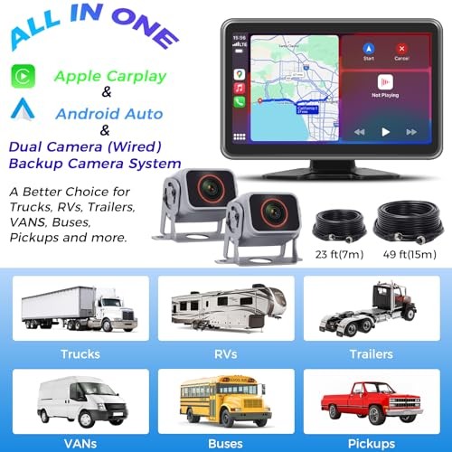 Truck RV Camera System with CarPlay & Android Auto,10” Touch Screen Monitor