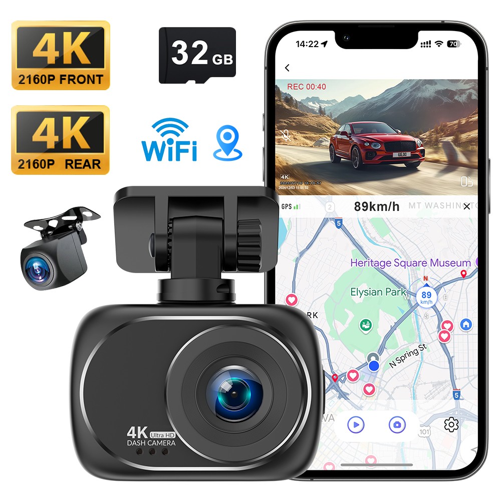 4K+4K Dash Cam WiFi & GPS Night Vision APP Car Camera Recorder Free 32GB﻿