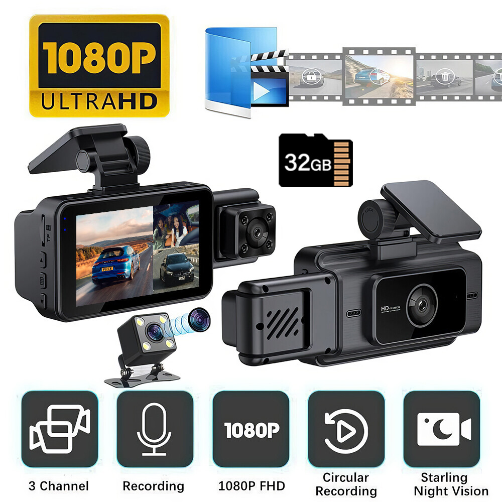 Dash Cam 1080P WiFi Car Camera 3CH Lens Night Vision G-Sensor DVR Recorder+32GB
