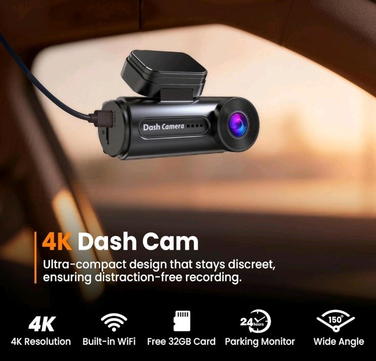 4K Dash Cam Front with Built-in WiFi, Dash Camera for Cars, 32GB Card Included