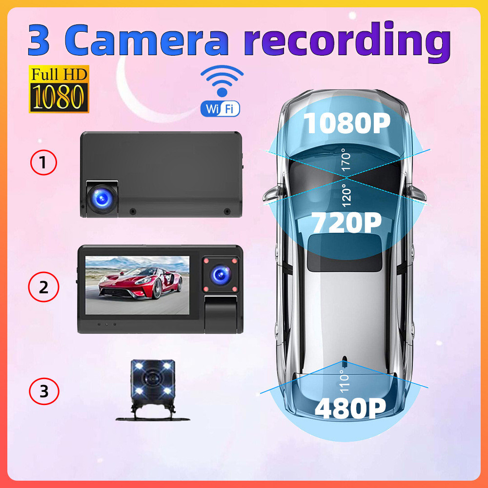 3 Lens Car DVR Touch Screen Dash Cam Night Vision Camera WiFi Recorder G-Sensor