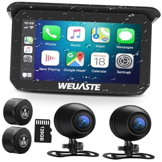 Portable 5″ Wireless Motorcycle Carplay (Include 128 GB TF) with 1080P Dual