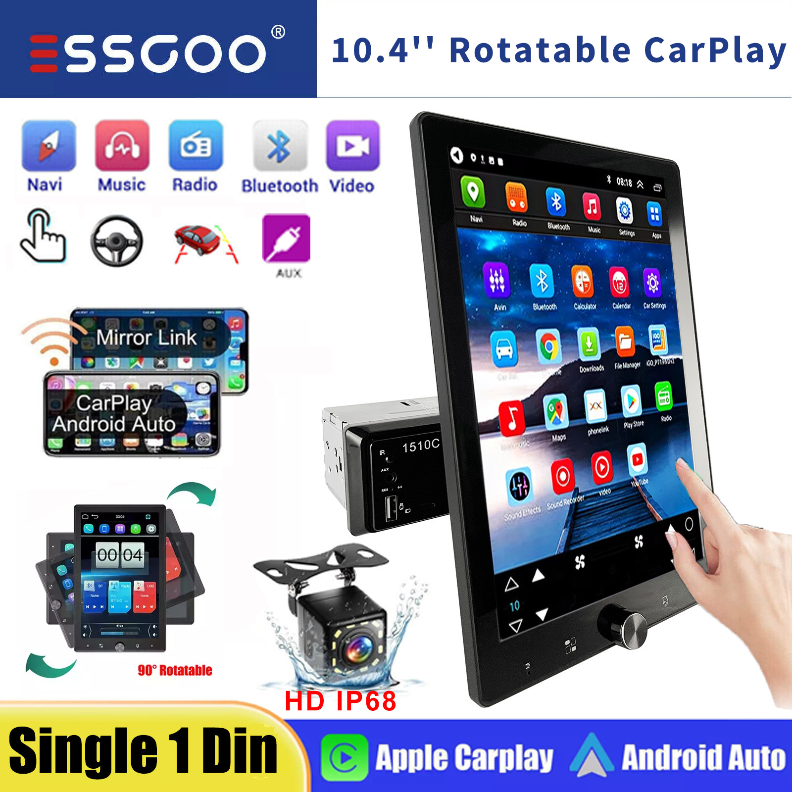 10″ Car Stereo Radio Single Din In-Dash Units Bluetooth Carplay with 12LEDs Cam