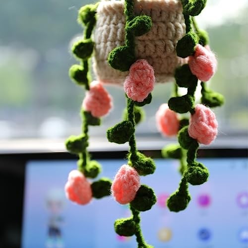 Boho Crochet Hanging Accessories – Cute Plants for Women’s Car Mirror Pink