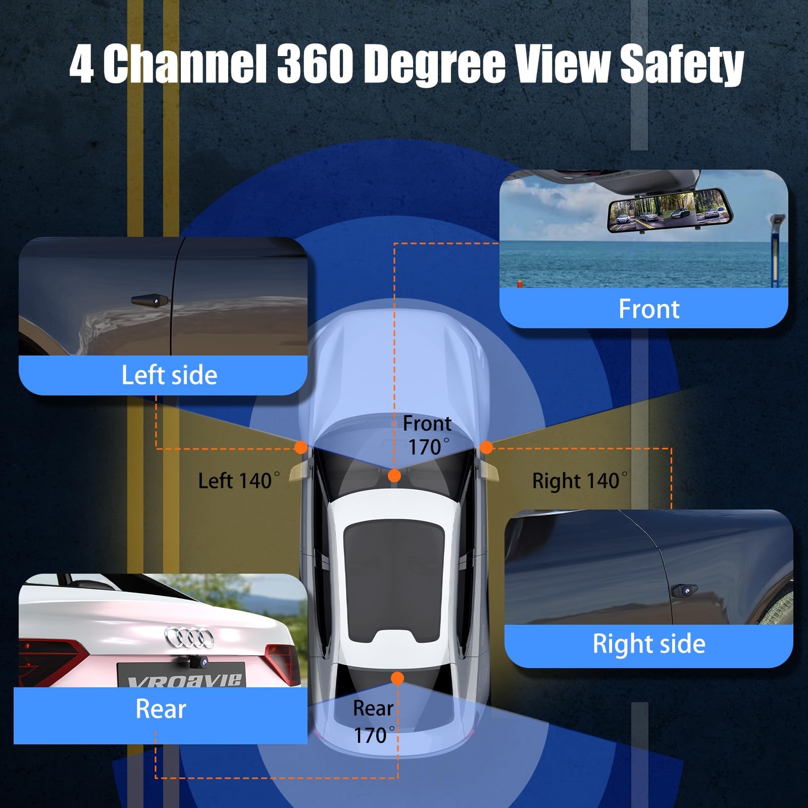 360 Degree View 4 Channel Mirror Dash Cam Detached Camera for Cars，Dash Cam F…