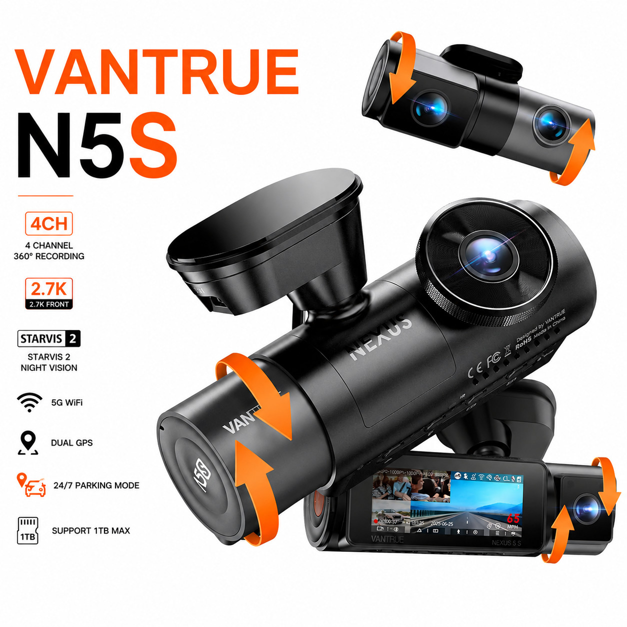 Vantrue N5S 4CH 360° 2.7K Dash Cam STARVIS 2 WiFi GPS Voice Parking 1TB Max Mode