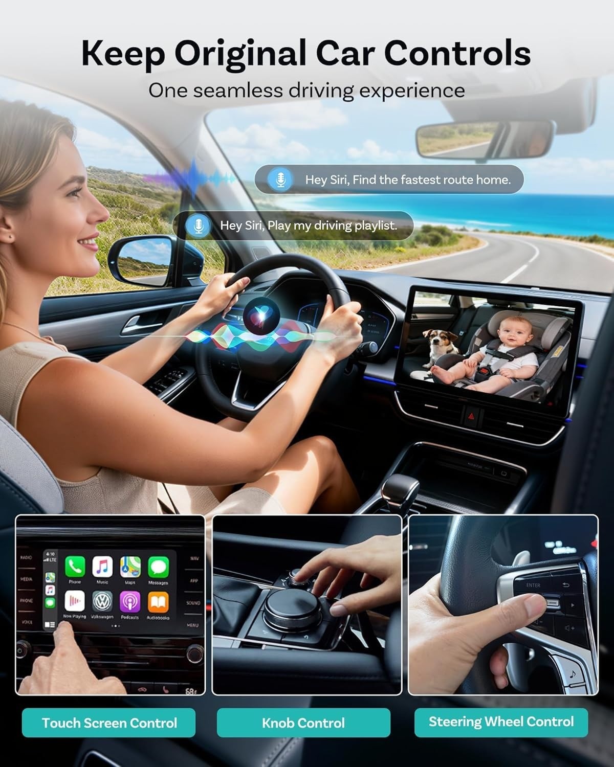 Baby Car Monitor Camera Wireless for CarPlay, HD Night Vision 150° Wide Angle