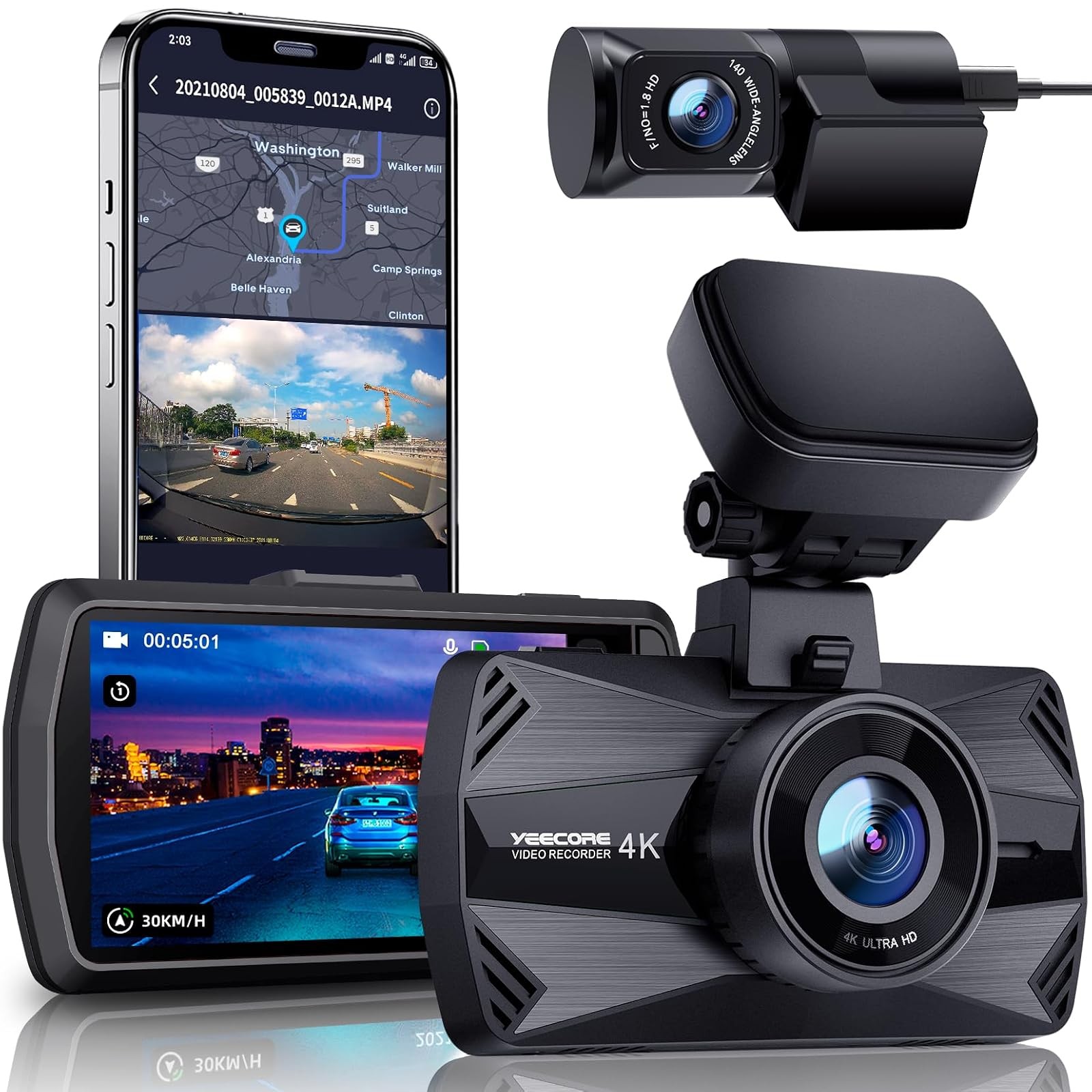 4K Dash Cam Front Rear 5.8GHz WiFi GPS HDR 512GB