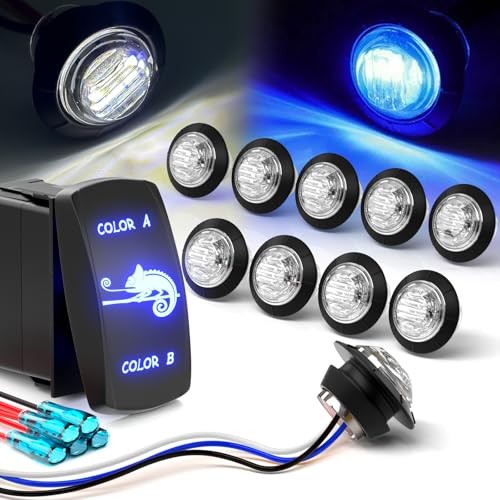 10pcs 3/4 Inch Dual-Color LED Marker Lights with 7-Pin Rocker Clear White-Blue