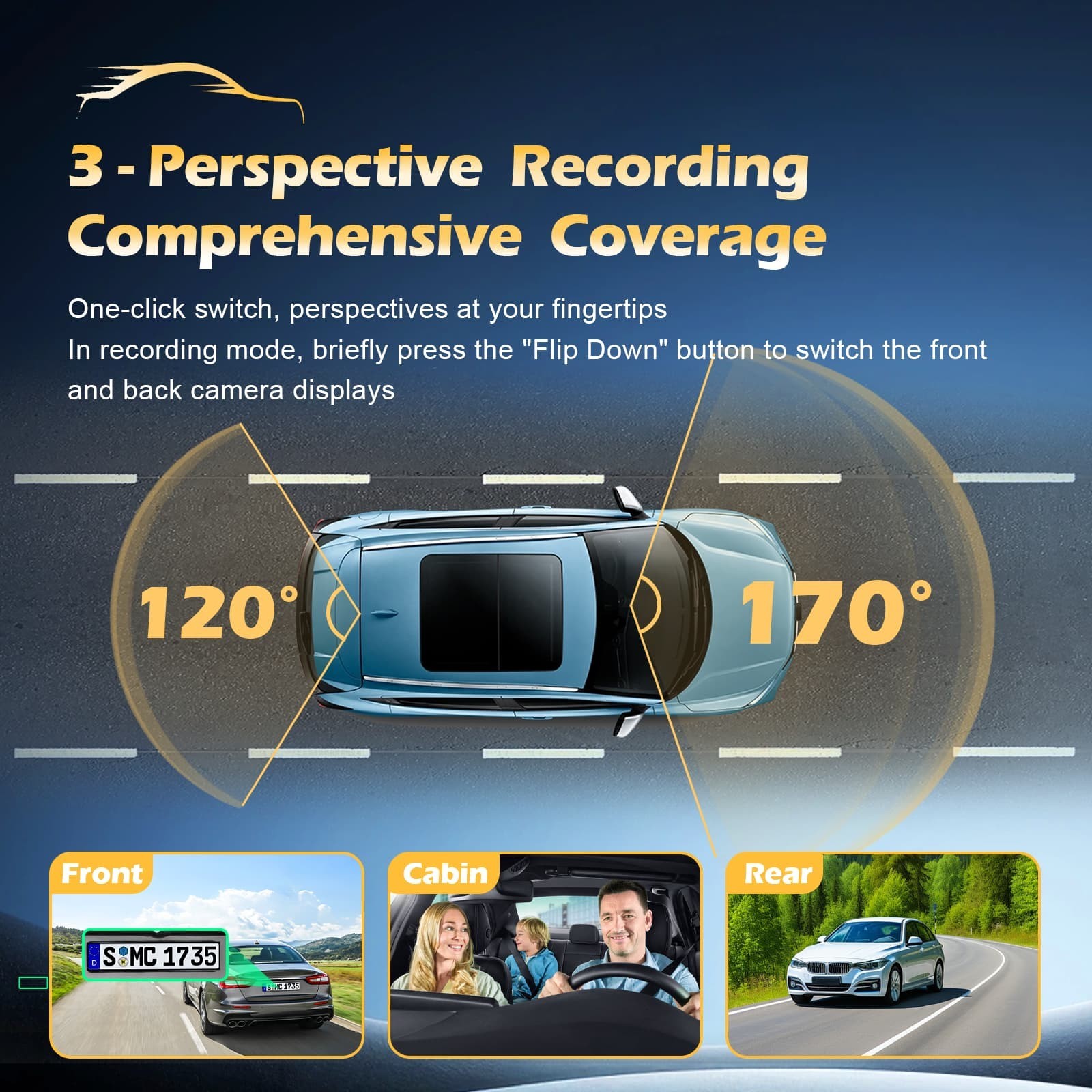 4K 3 Channel Dash Cam Car DVR GPS WIFI Front Rear Cabin Camera with Hardwire Kit