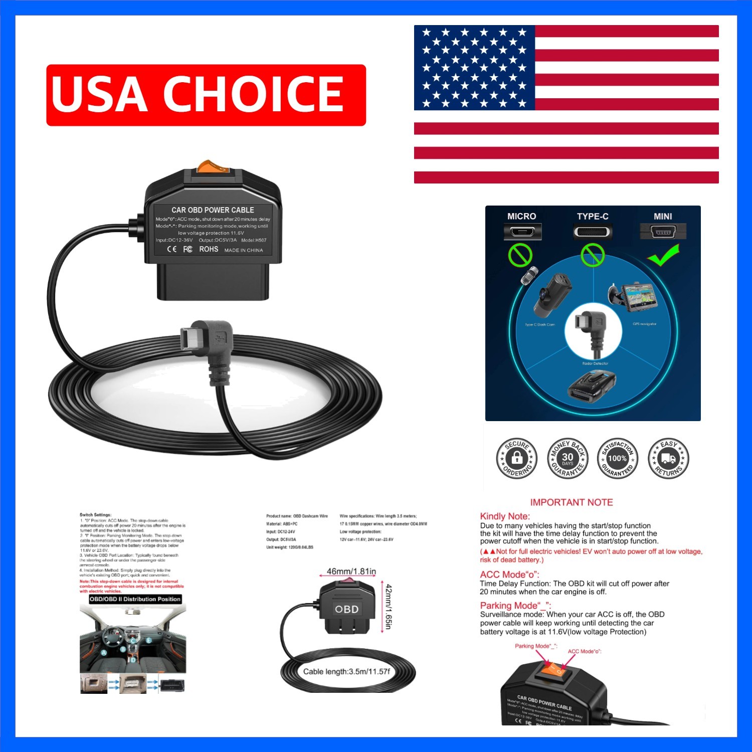 Dash Cam OBD Hardwire Kit, Mini USB Hardwire Kit with OBD Power Cable for Das…