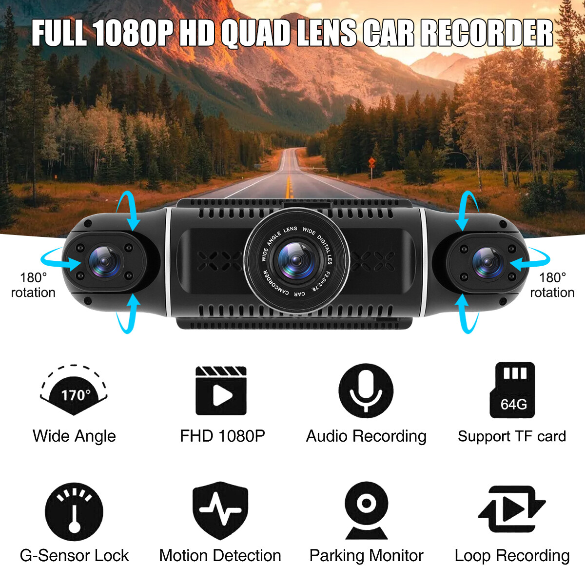 4 Channel Wifi Dash Cam 1080P HD Driving Recorder Car Front+Rear Camera G-Sensor