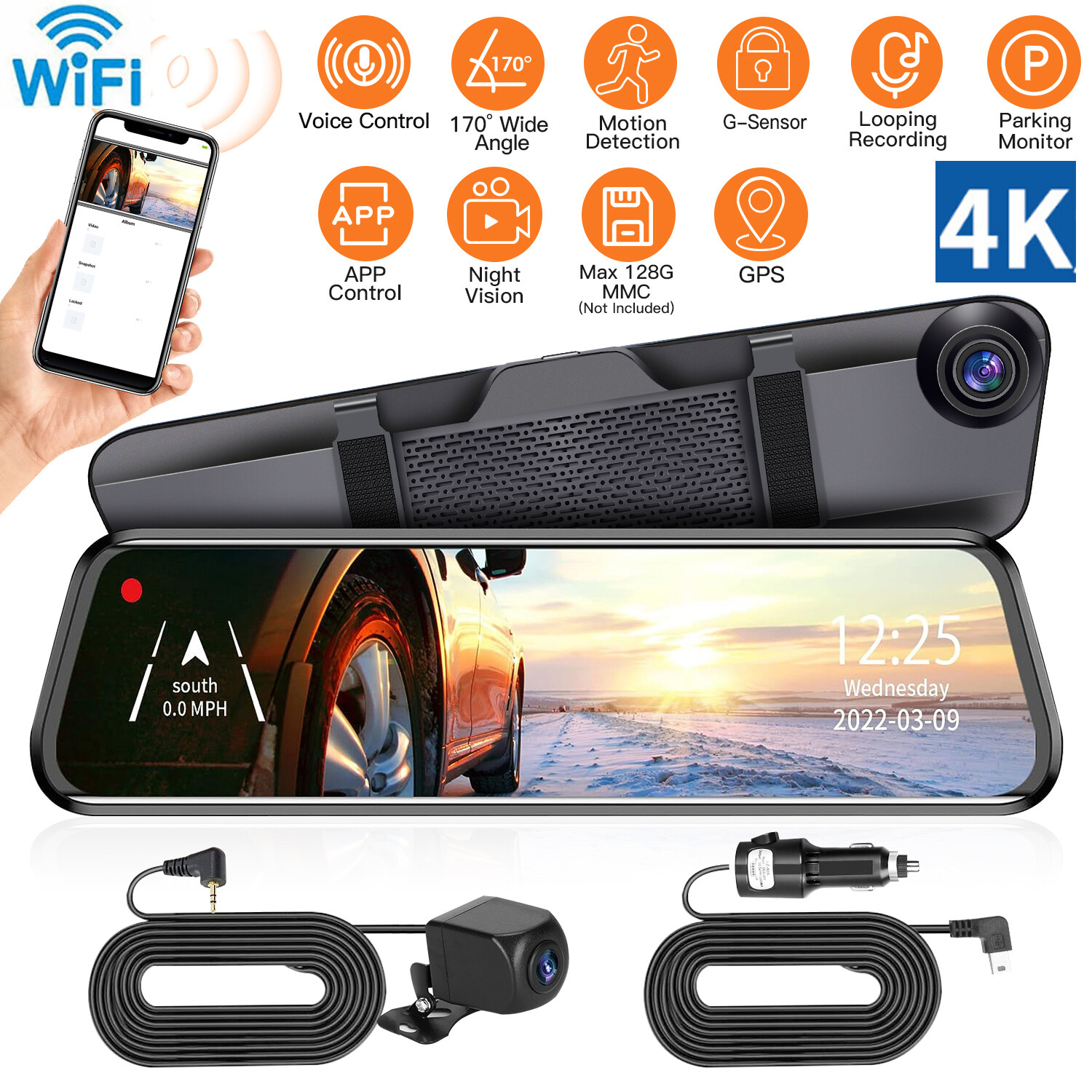 4K 12″ GPS WIFI Dual Lens Car Dash Cam Camera DVR Recorder G-sensor 360° Angel