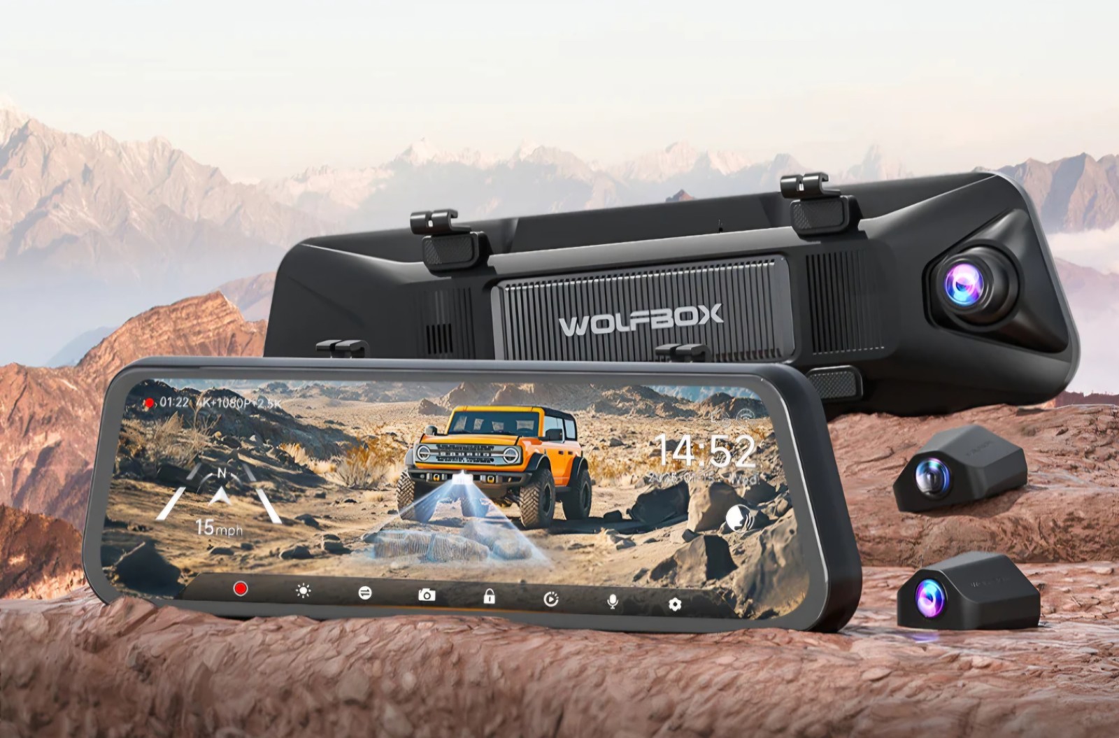 WOLFBOX G840S 12″ 4K Rear View Mirror Dash Cam