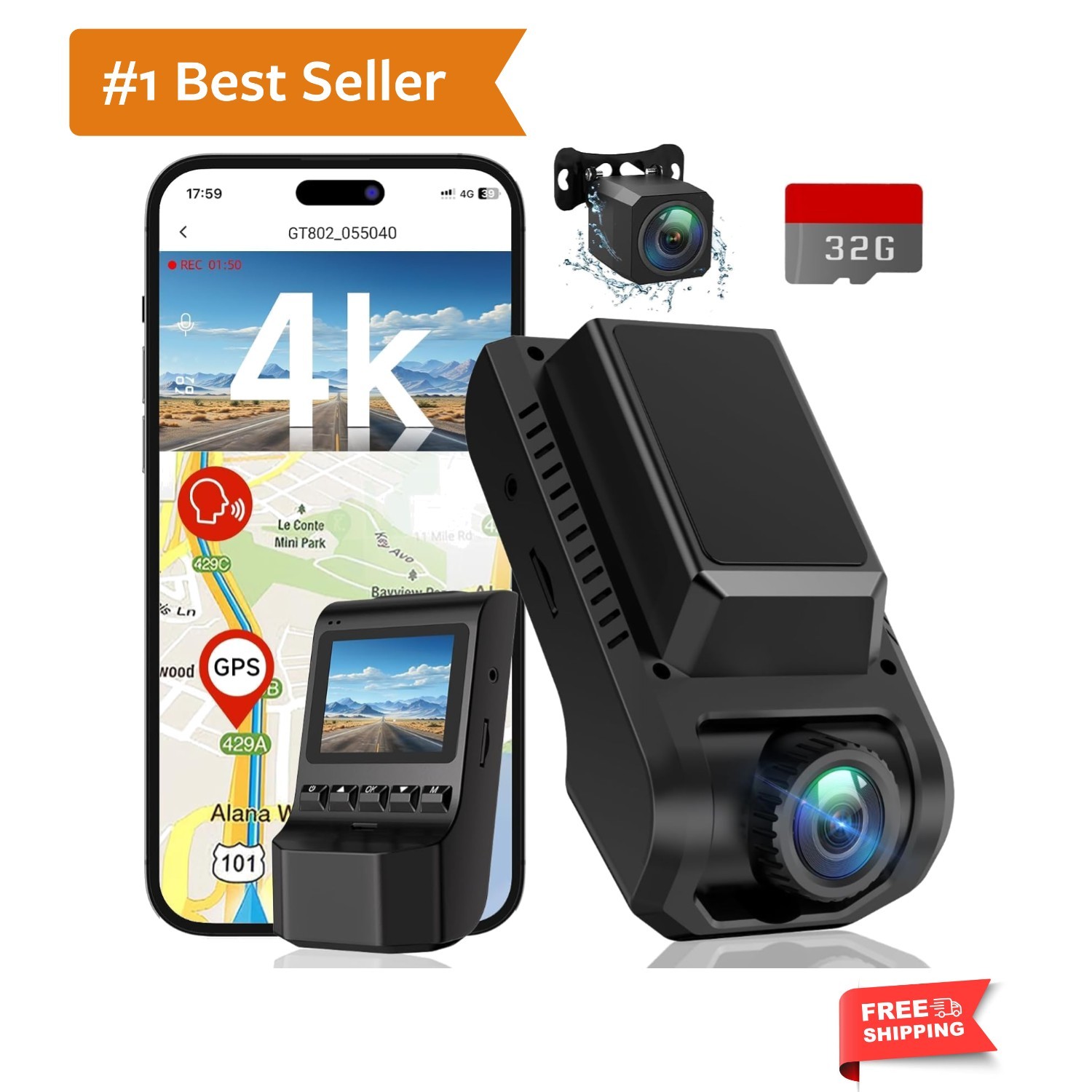 4K+1080P Dash Cam Front and Rear, Built-in WiFi GPS, 32GB SD Card Included | …