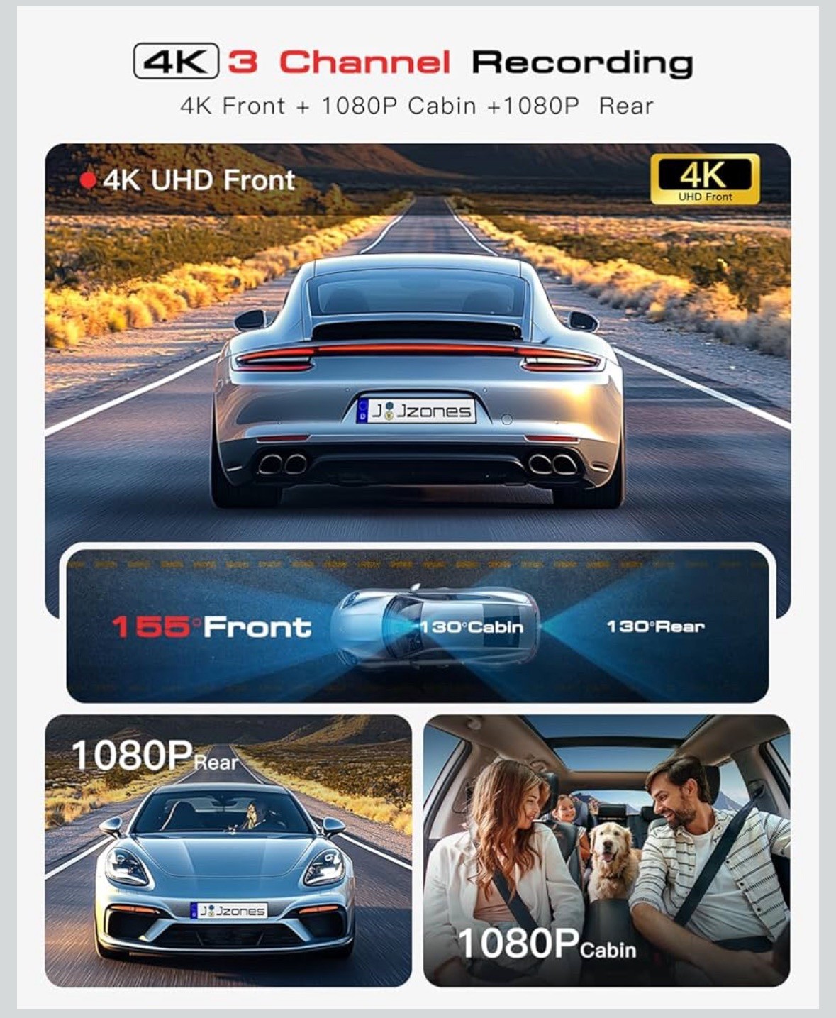 Jzones V630 3-Channel 4K Dash Cam for Cars with STARVIS 2 HDR Night Vision