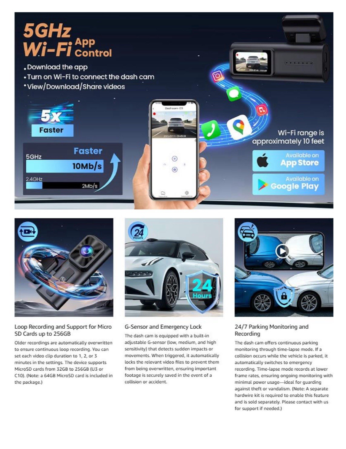 C3 Dashcam 4K UHD+1080P Front & Rear with 64GB Card 5Ghz Wi-Fi App Alltotive NEW