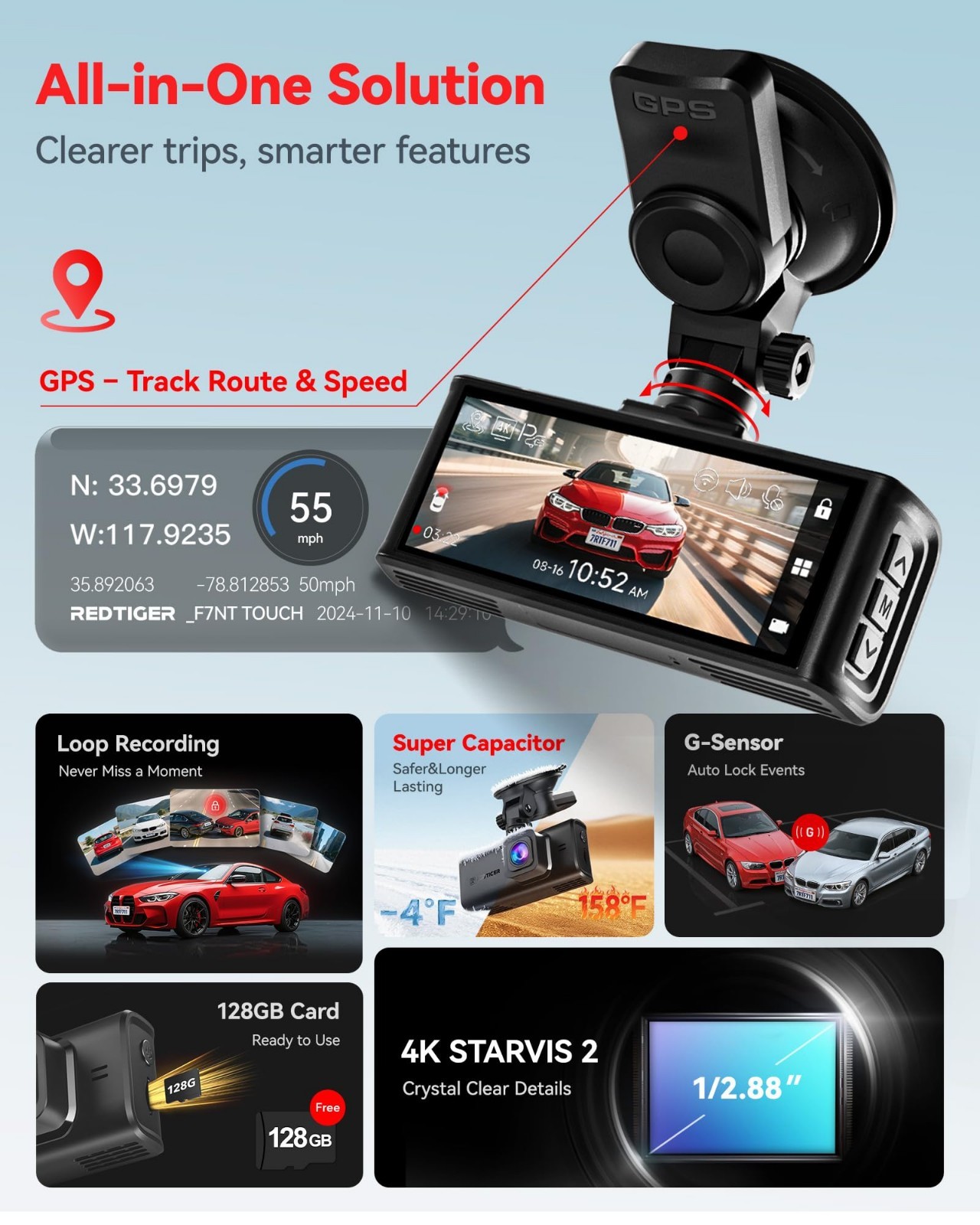 4K Dash Cam Front & Rear, Touch Screen 3.18″, GPS, Night Vision, Voice Control,