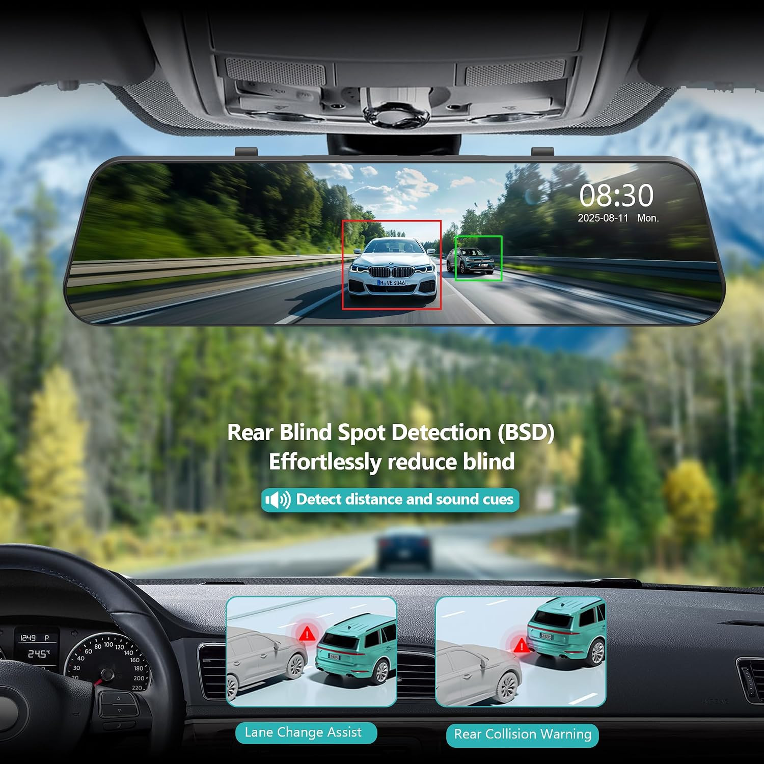 12” 4K Rear View Mirror Camera,4K+2.5K Front and Rear Mirror Dash Cam,Adas BSD