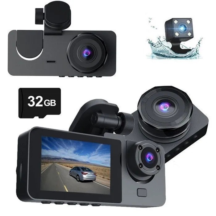 Dash Cam Front Rear and Cabin 3 Lens Car Recorder 1080P 32GB Card Night Vision