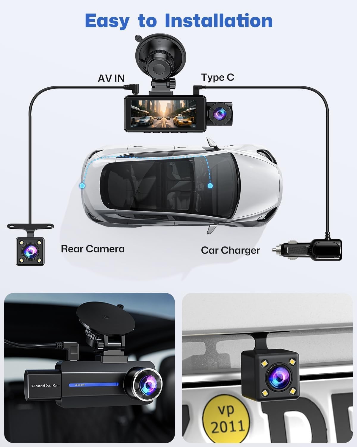 Car Dash Cam Front Rear Inside 2.5K 1440P Night Vision Loop Recording