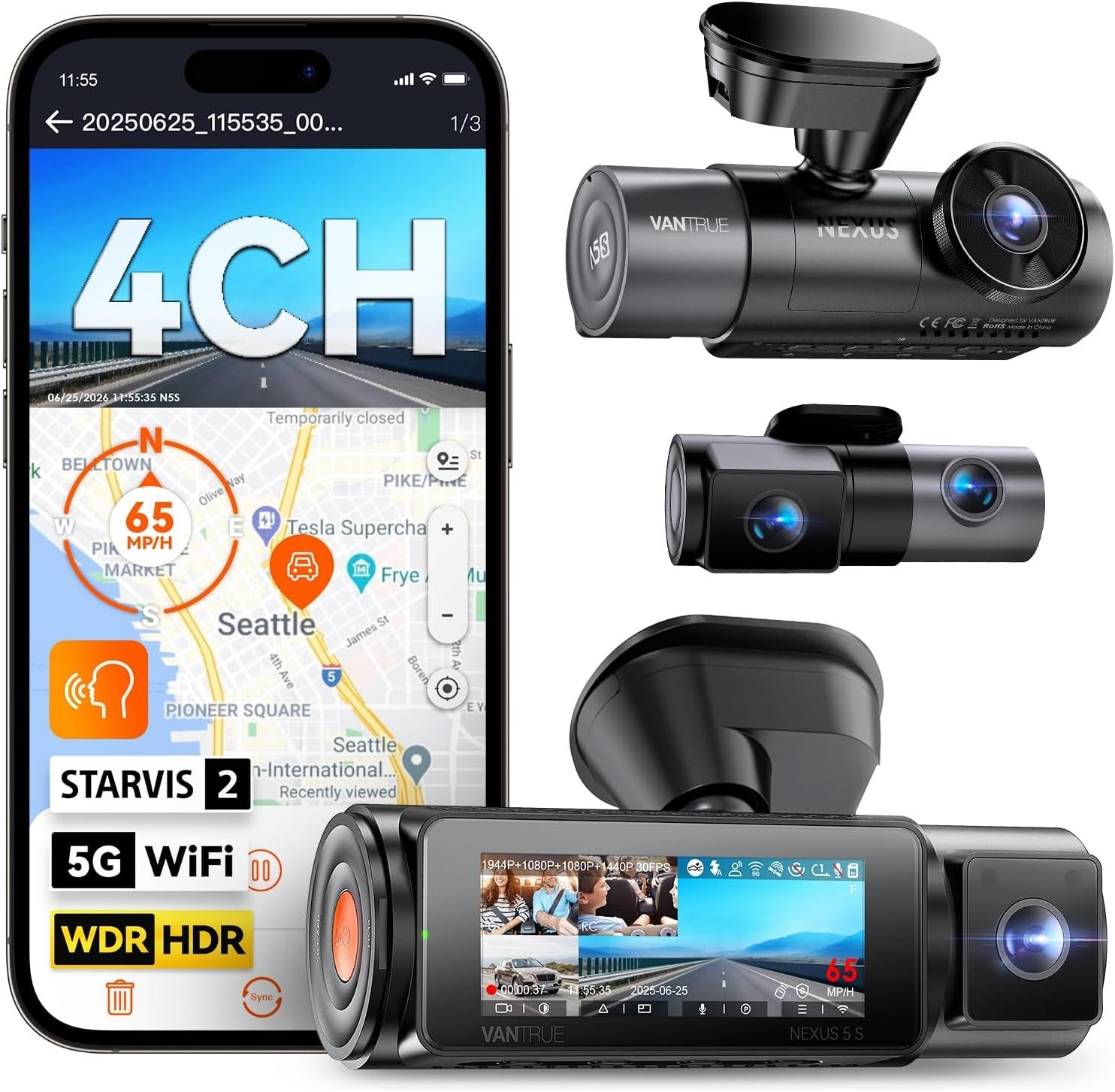 Vantrue Nexus 5S (N5S) 360 Degree Dash Cam WiFi GPS LTE Support 1TB Support