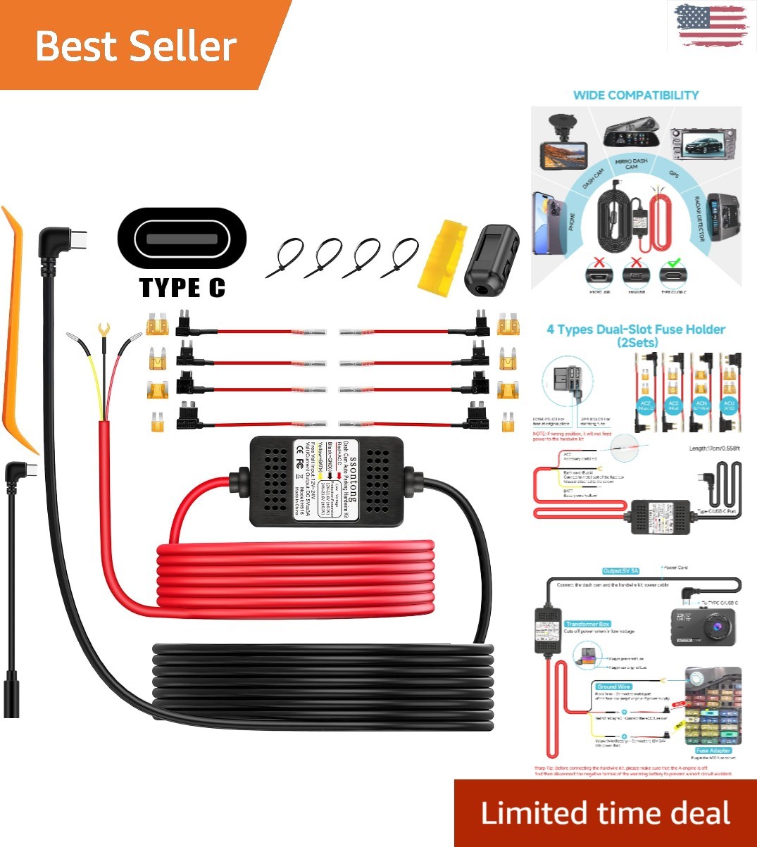 3-Lead Type-C USB Hardwire Kit for Dash Cam: 12V-24V Power, 24-Hour Surveillance