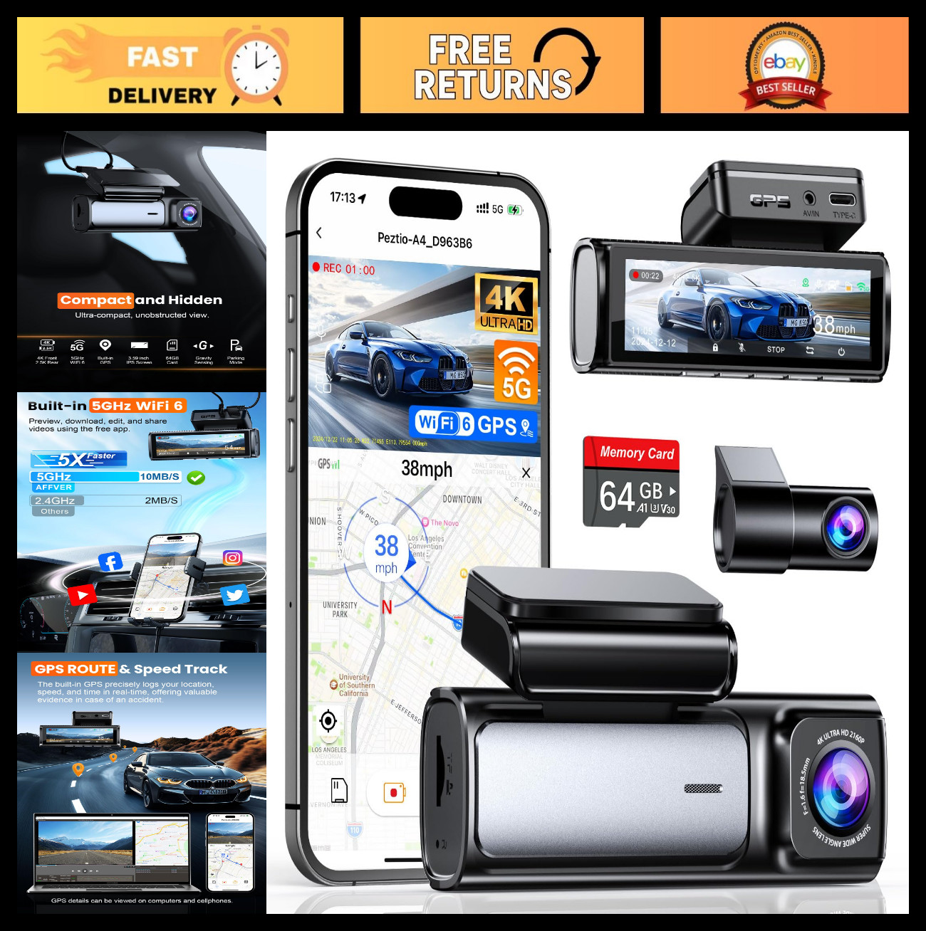 4K Dual Dash Cam Front & Rear, 5G WiFi, GPS, 64GB Card, Night Vision, G-Sensor,