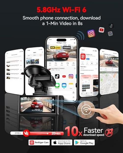 4K STARVIS 2 Dash Cam Front and Rear, 5GHz WiFi 20MB/s Download, 128GB Card