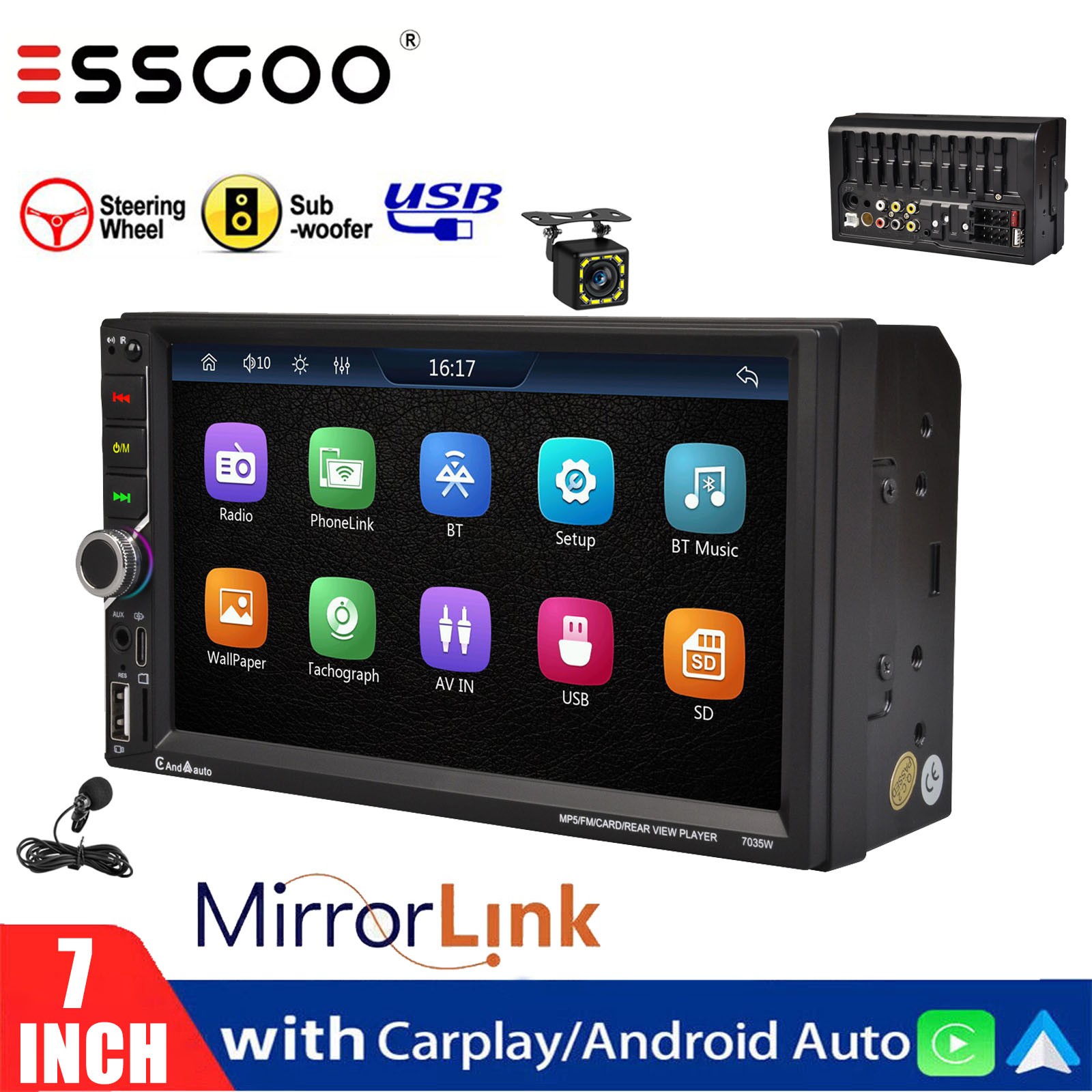 7 Inches Double 2 Din Car Stereo Radio Wireless Carplay Type-C Backup Camera&MIC