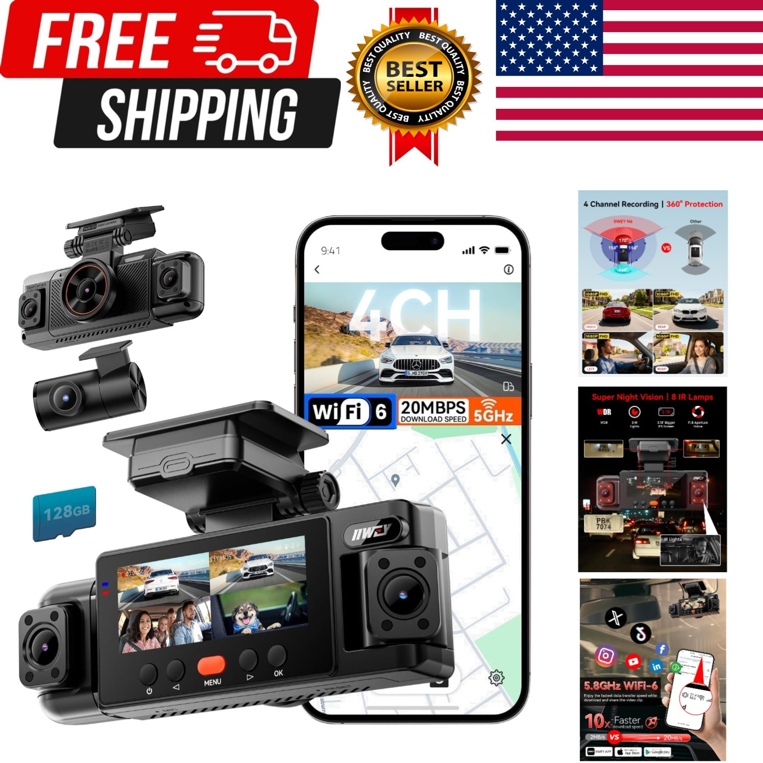 N6 360° Dash Cam 4 Channel, Free 128GB Card, 8 IR Lights Night Vision | 5.8G …