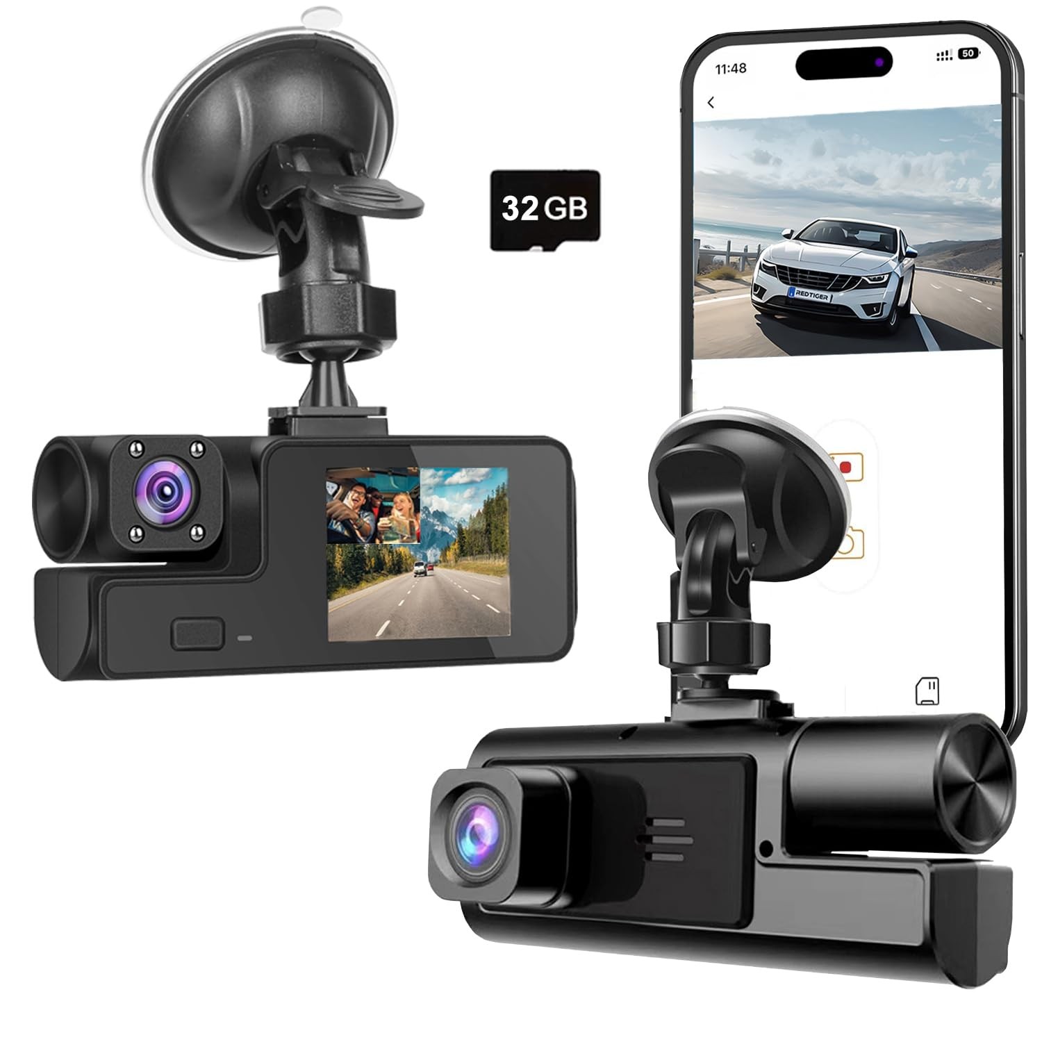 WiFi 1080P Dual Dash Camera Front and Inside 170 Wide Angle WDR 32G Card