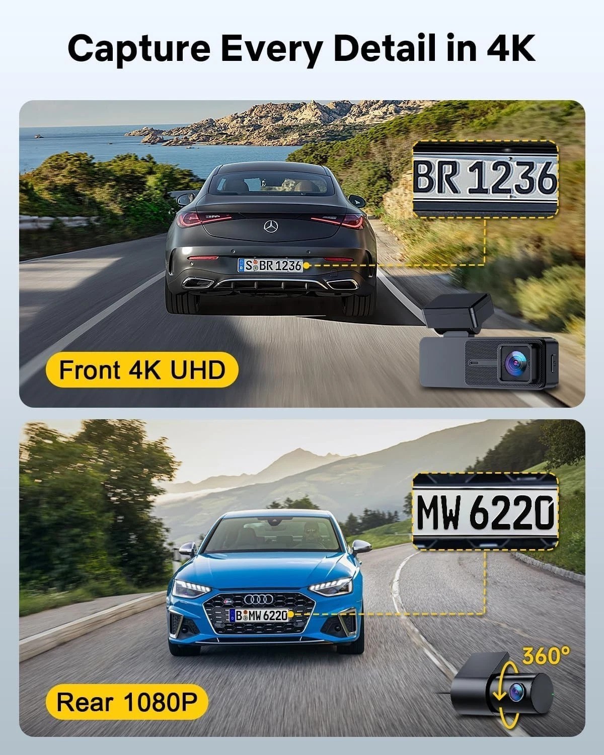 4K Dash Cam with 3.18” Touchscreen & Built-in GPS – Dual 1080P Recording