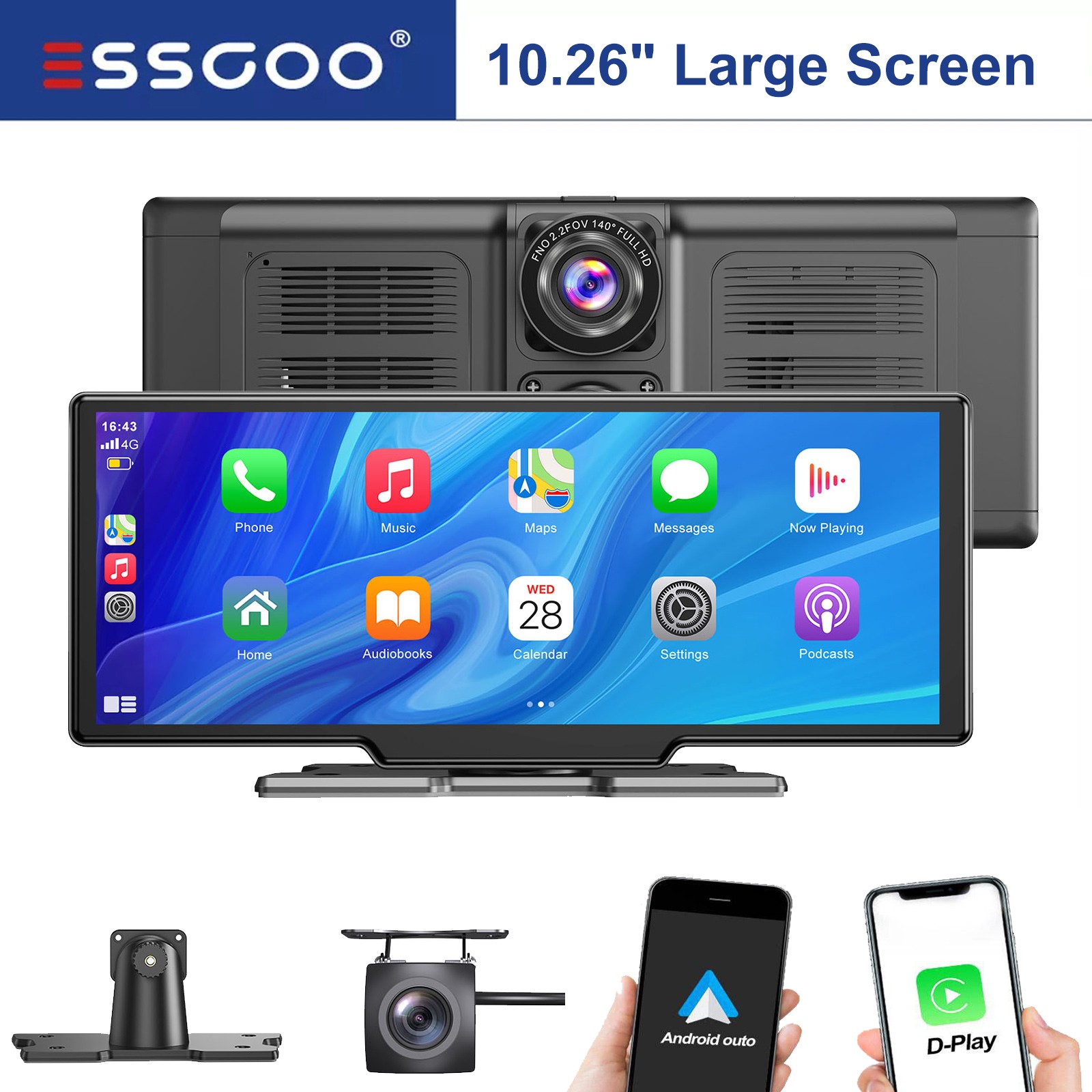 10.26″ 4K Wireless CarPlay BT Screen with 4K Dash Cam & 1080P Backup Camera US