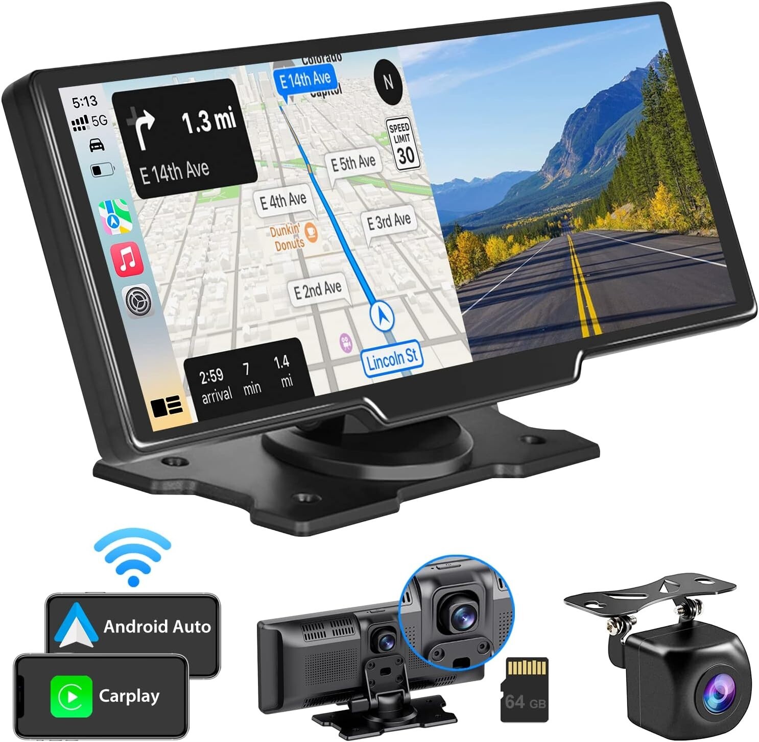 Portable Wireless Carplay Car Stereo with 2.5K Dash Cam-9.3″ HD,1080p Backup Cam