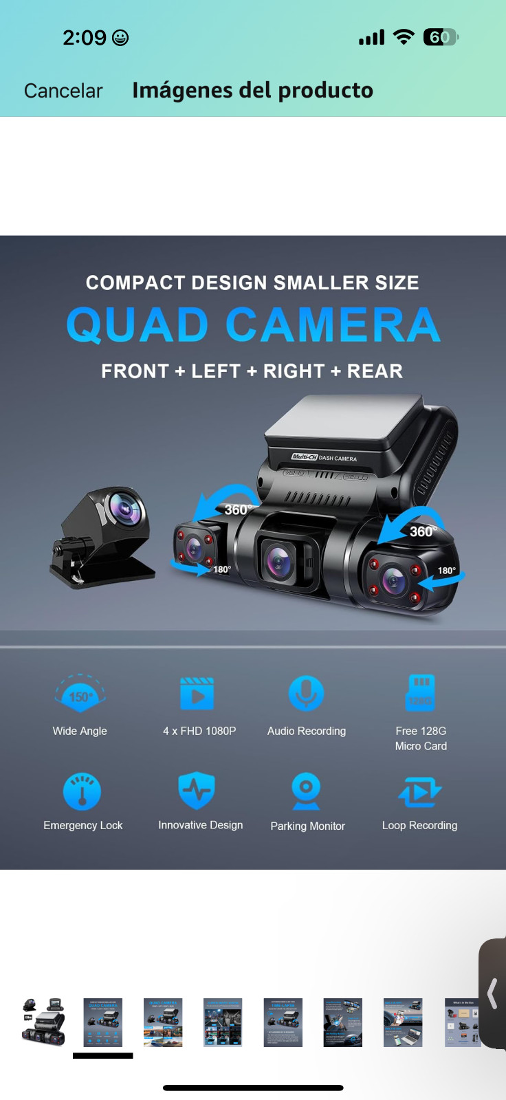 PRUVEEO Cámara de tablero de 360 grados de 4 canales frontal y trasera interior