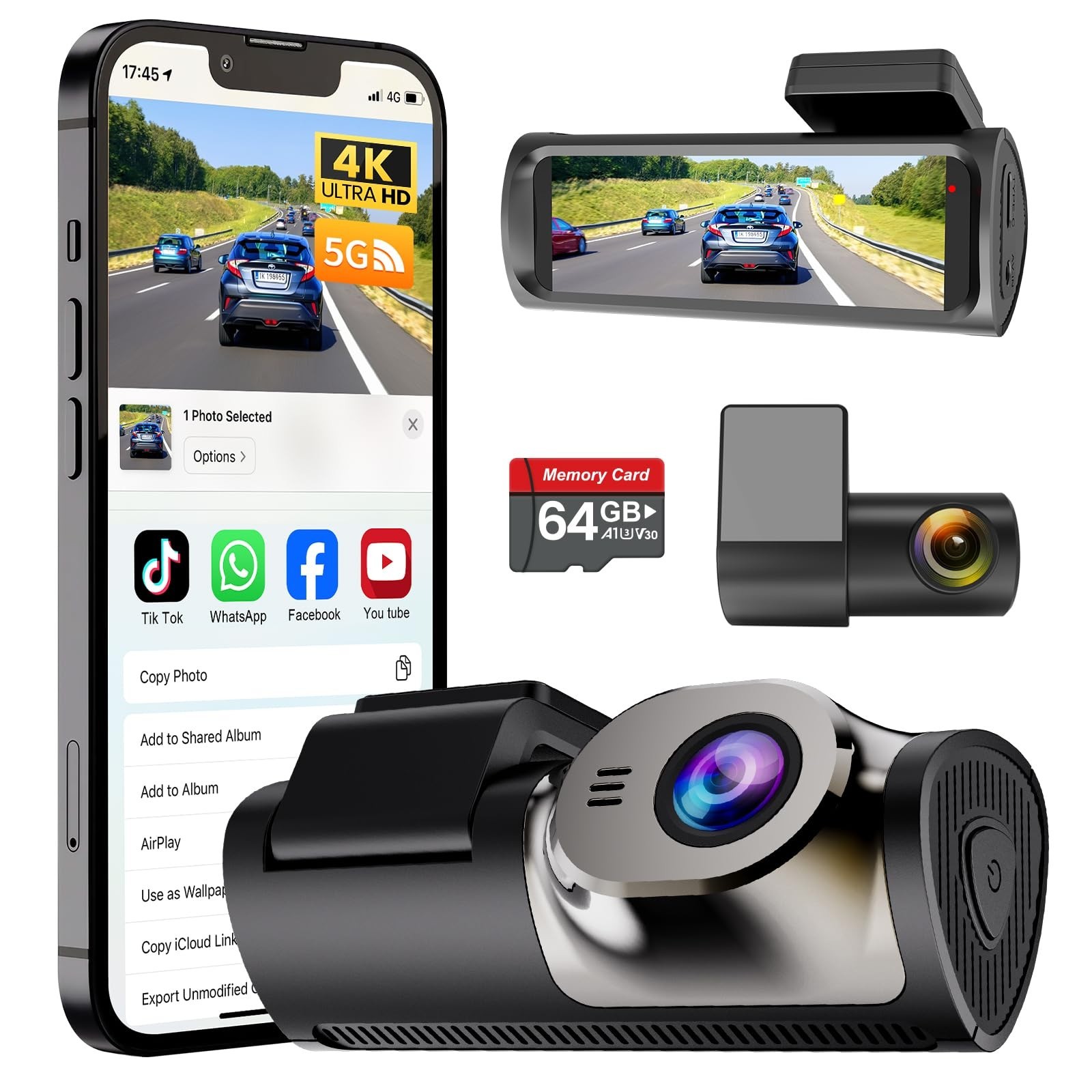 Dargyuncen M7 4K 5G WIFI Dash Cam, Front, Rear, 64 gb SD card