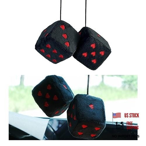Ziciner Pair Fuzzy Plush Dice for Car Mirror, 3” Retro Square Dice Black&Red