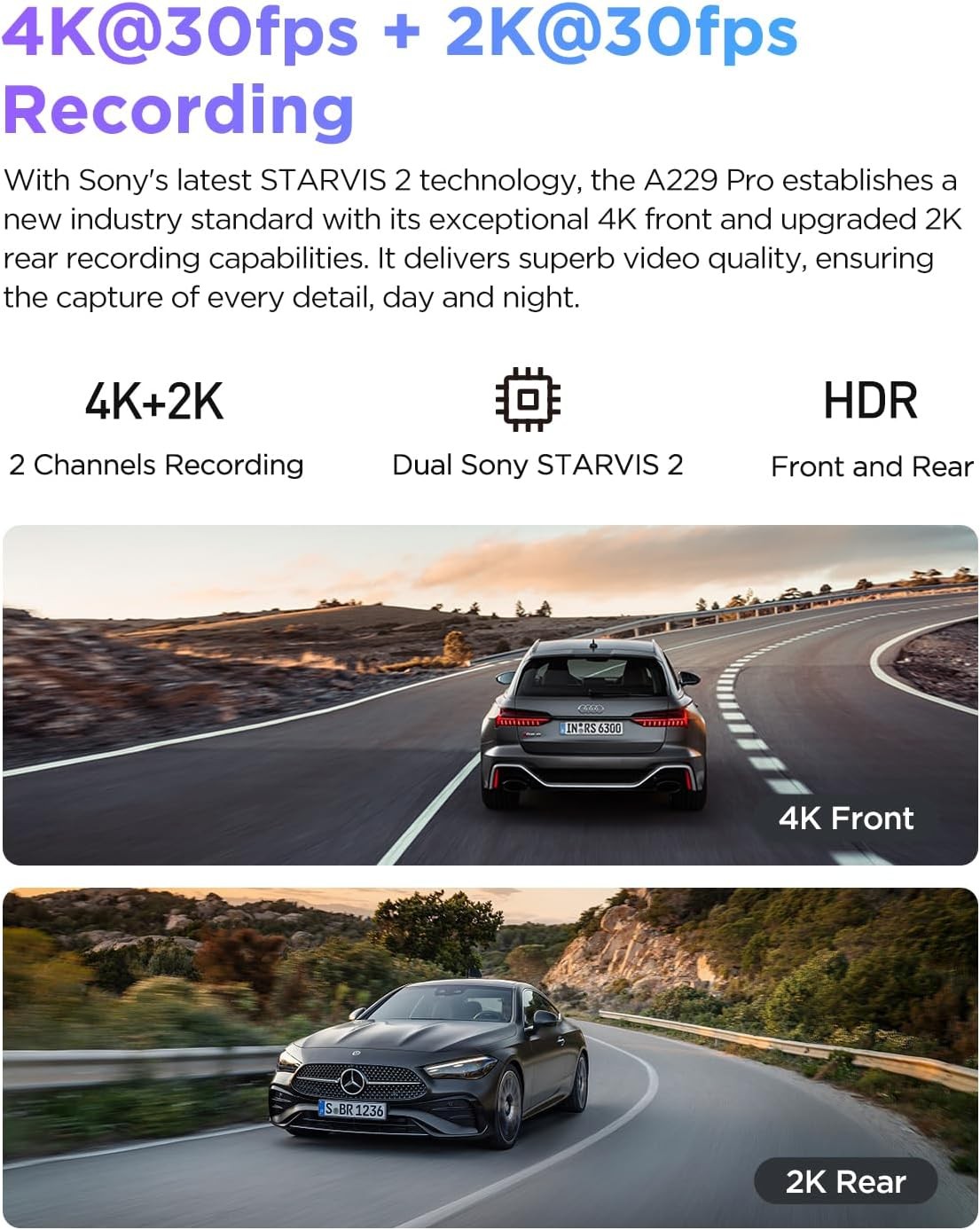 4K HDR Dash Cam Channel Front and Rear Car Camera STARVIS 2 IMX678 IMX675