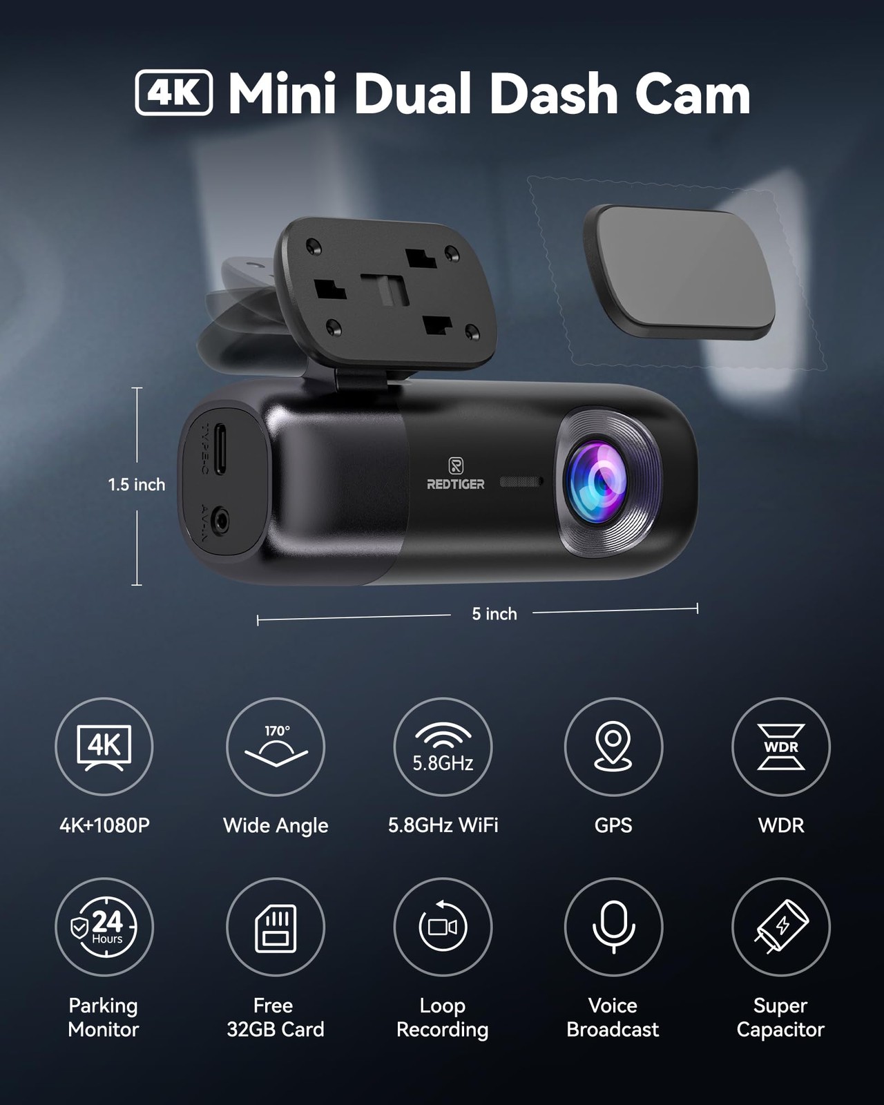 REDTIGER F9 Dash Cam 4K Front and Rear 1080P, WiFi GPS Car Camera with 32GB C…