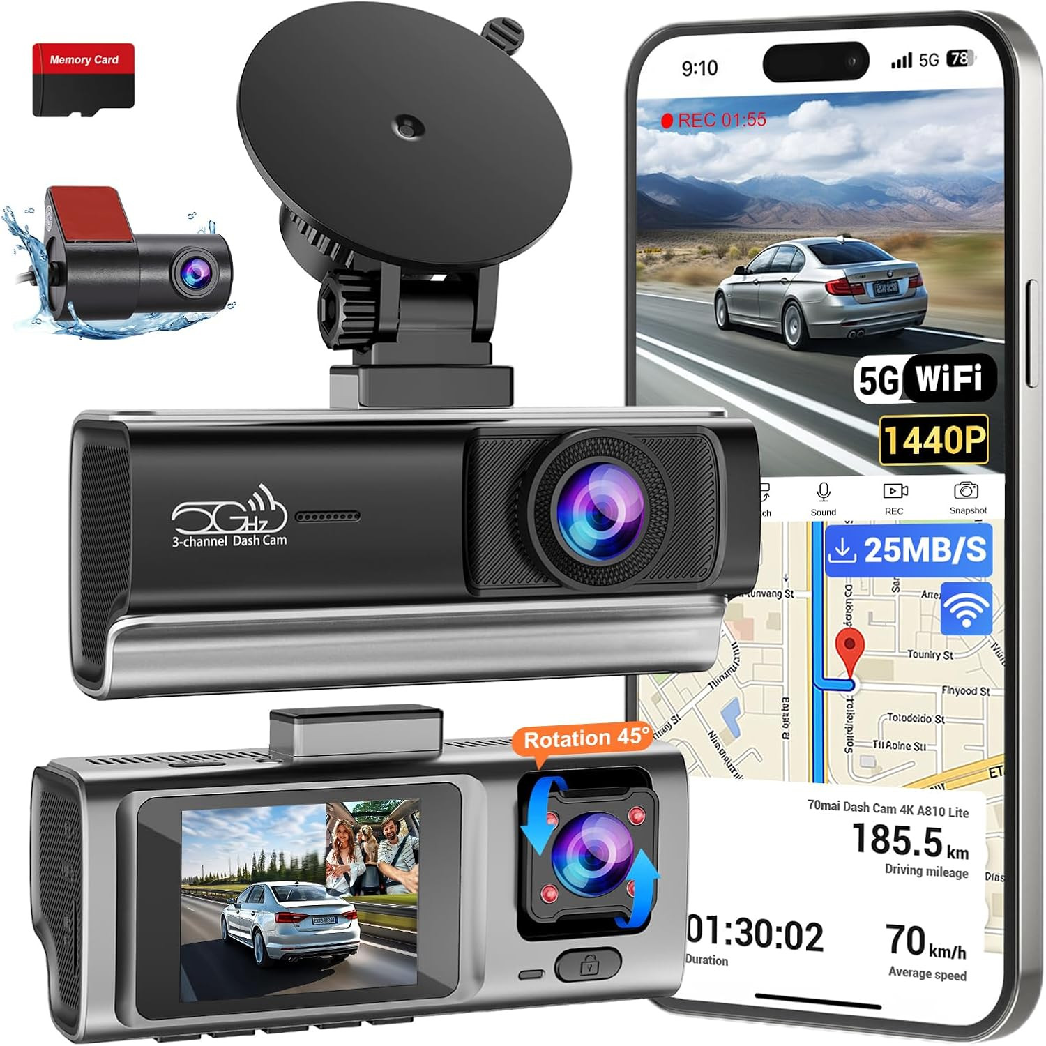 3 Channel 2.5K Dash Cam with 5Ghz Wifi & APP Control, 2.5K+1080P+1080P Front ins