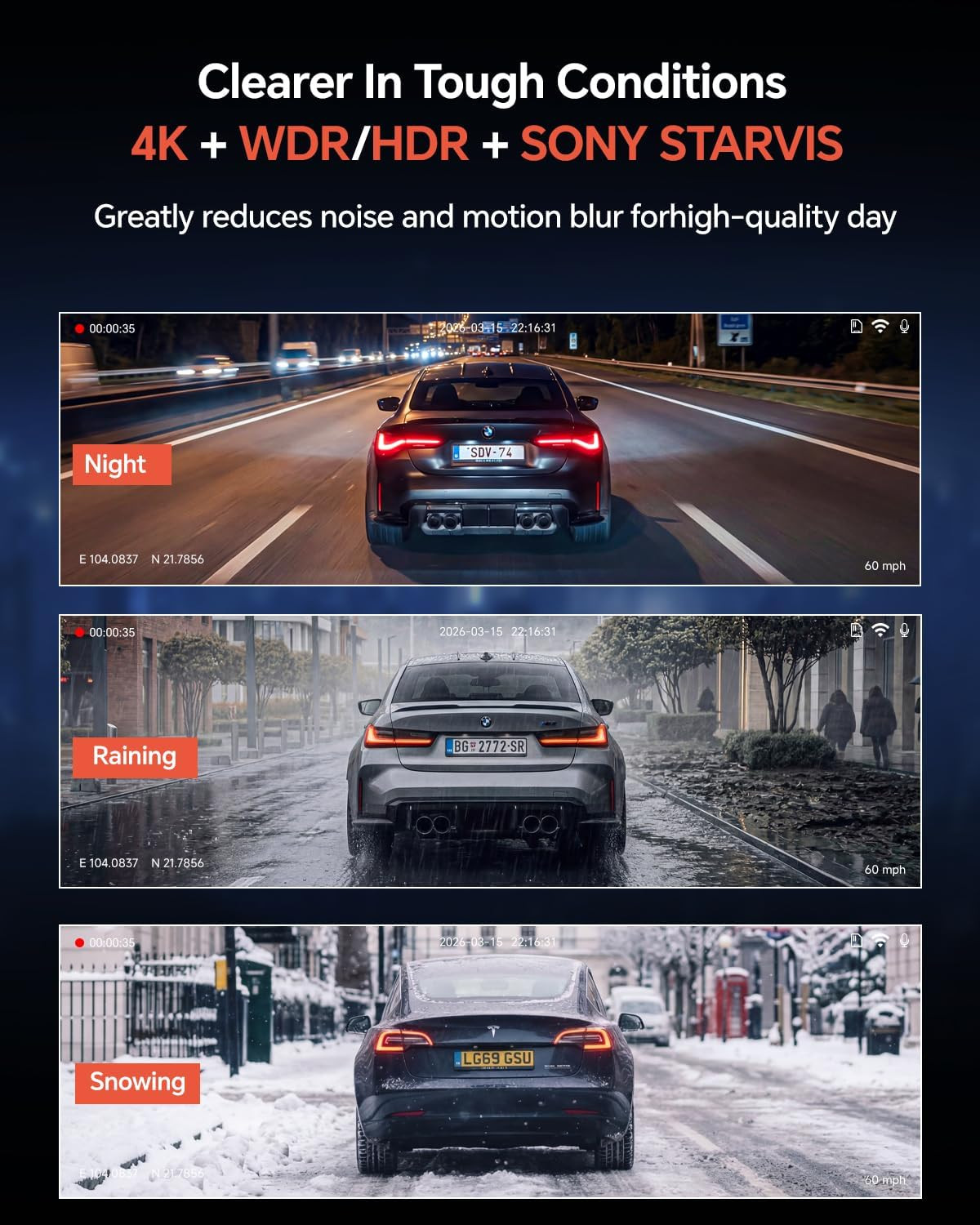 Coolcrazy 4K Dash Cam Front and Rear, STARVIS Sensor, Free 128GB Card Included,