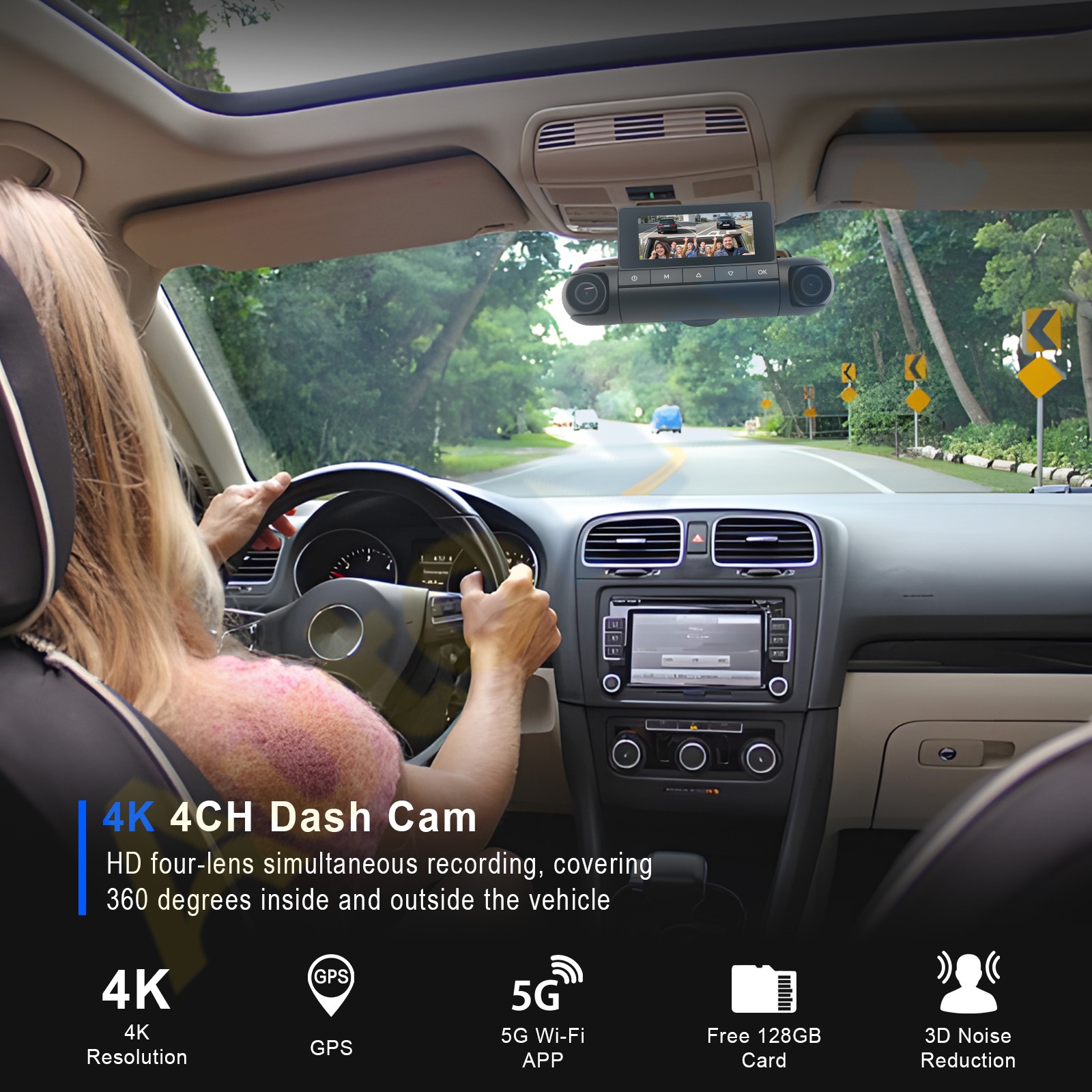 4K+3x1080P 4 Channel Dash Cam 360°All-Around View DashCam for Car Free 64GB Card