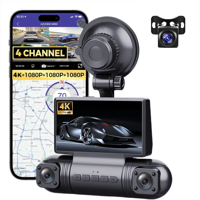 4-Channel DashCam 2K Front Rear Inside Camera WiFi Car DVR Recorder Night Vision
